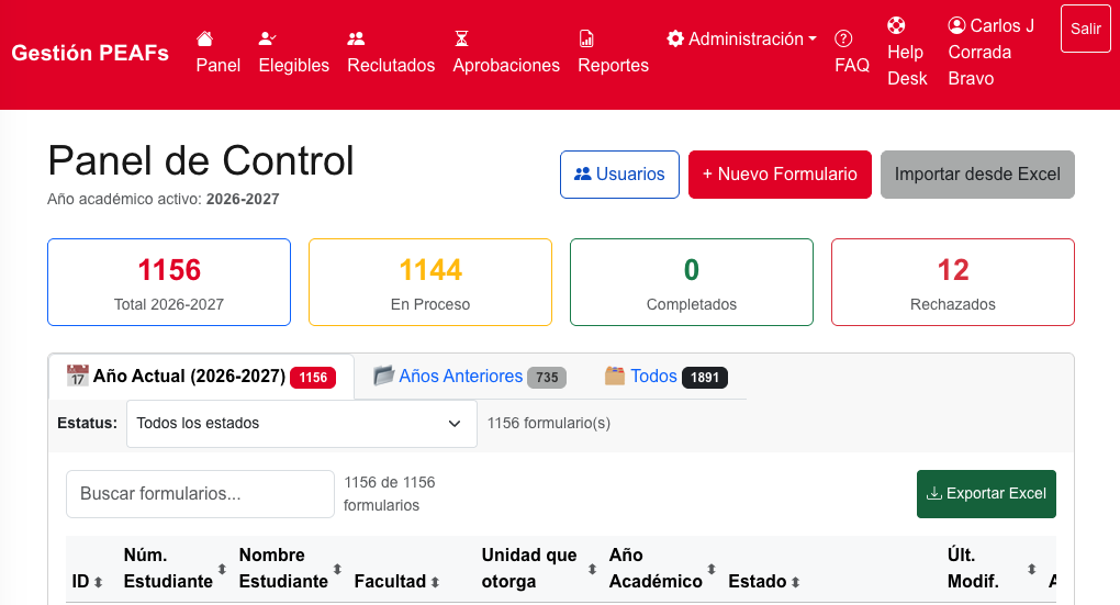 Screen shot de la plataforma